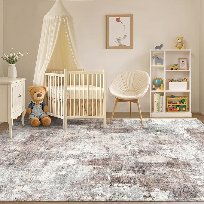 Tortania Washable 12x18 Area Rug for Living Room: Modern Abstract Neutral Large Soft Thin Rugs - Non Slip Indoor Carpet for Bedroom Dining Room Office Nursery Home Floor Decoration - Gray Brown