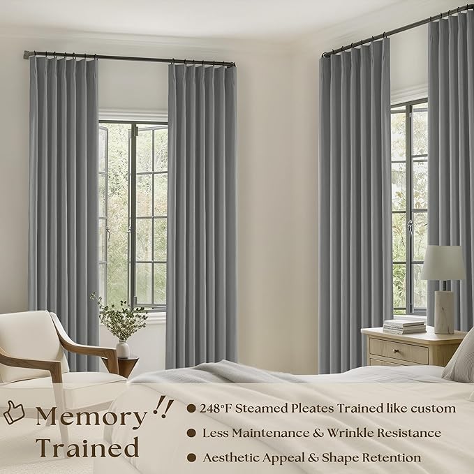 Grey Pinch Pleated Black Out Curtains 63 Inch Long for Living Room Bedroom Insulated Thermal Room Darkening Kitchen Drapes for 63 Inch Window Boho Linen Basement Office Dining Room Pinch Pleat