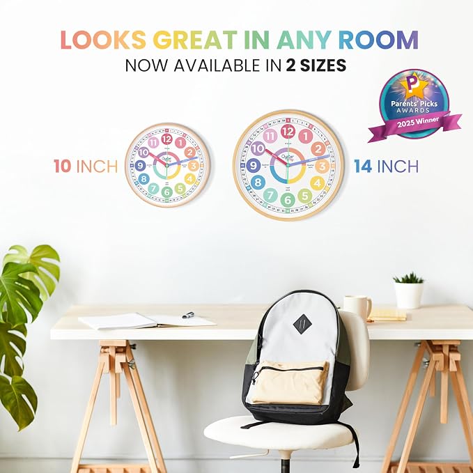 Oyster&Pop Kids Clock - Silent 14" Analog Learning Wall Clock - Award-Winning Telling Time Teaching Clock for Kids - Large for Classrooms Homeschool & Bedrooms - Includes eBook