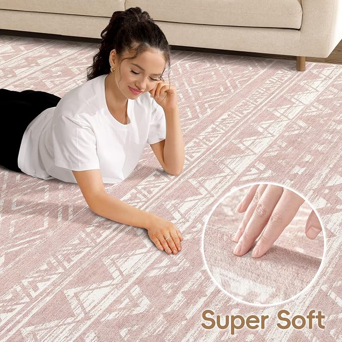 cotiled 6x9 Area Rugs Living Room Rug: Washable Boho Rugs with Non Slip Backing Large Soft Indoor Stain Resistant Carpet for Bedroom Farmhouse Dining Room Lightweight Home Decor Lotus Pink