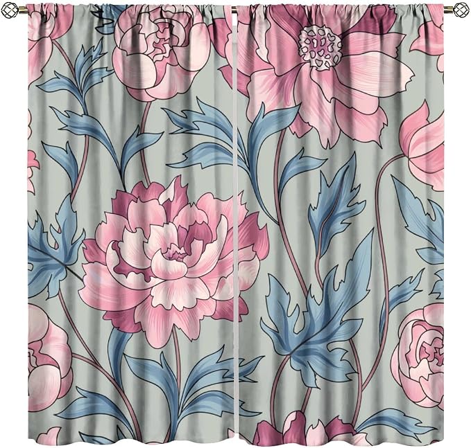 Floral Blackout Window Curtain, Flourish Ornamental Blossom Rose Style Print for Home Kitchen Restaurant Decoration Window Drapes 2Panel 42" W X 54" L