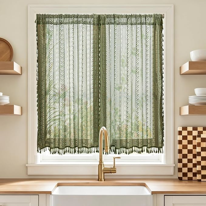 Sutuo Home Olive Green Boho Sheer Curtains, Cottagecore Lace Curtains for Nursery Kitchen Privacy Crochet Light Filtering Vintage Chic Tassels Bohemian Window Drape Rod Pocket, 2 Panels 50" W x 54" L