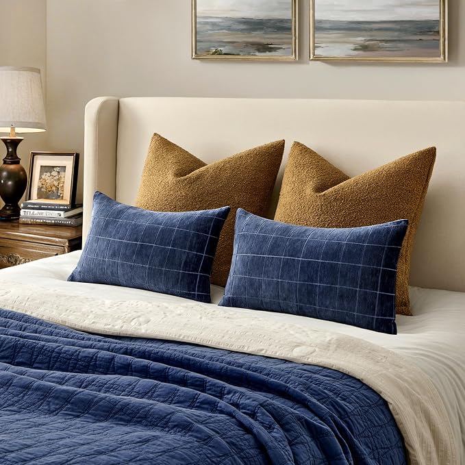 MIULEE Navy Blue Plaid Decorative Throw Pillow Covers 12x20 Set of 2 | Vintage Check Chenille Couch Pillows Neutral Boho Farmhouse Cushion Covers Modern Home Decor for Sofa Bed Living Room