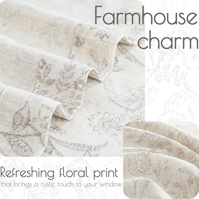jinchan Floral Linen Blend Curtains for Living Room Verbena Grey French Country Farmhouse Curtains 63 Inches Long Light Filtering Window Back Tab Semi Sheer 2 Panels