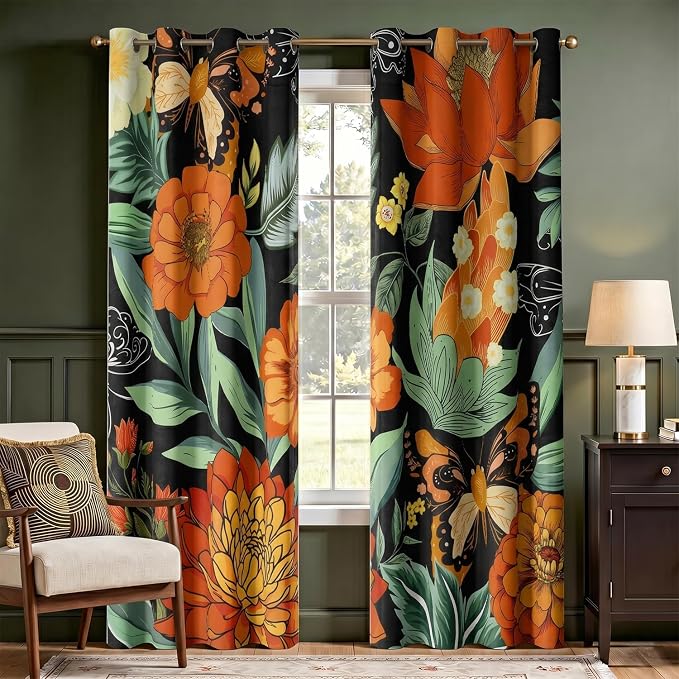 Orange Boho Floral Blackout Curtain, Mid Century Vintage Flower Botanical Curtains, Dark Aesthetic Art Grommet Drapes 2 Panels, Farmhouse Bedroom Living Room Decor 52X84 Inch