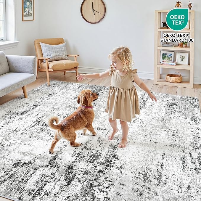 Area Rugs 9x12 Living Room: Large Modern Abstract Washable Rug Soft Indoor Anti Slip Carpet for Under Dining Table Bedroom Nursery Home Office White Grey Black