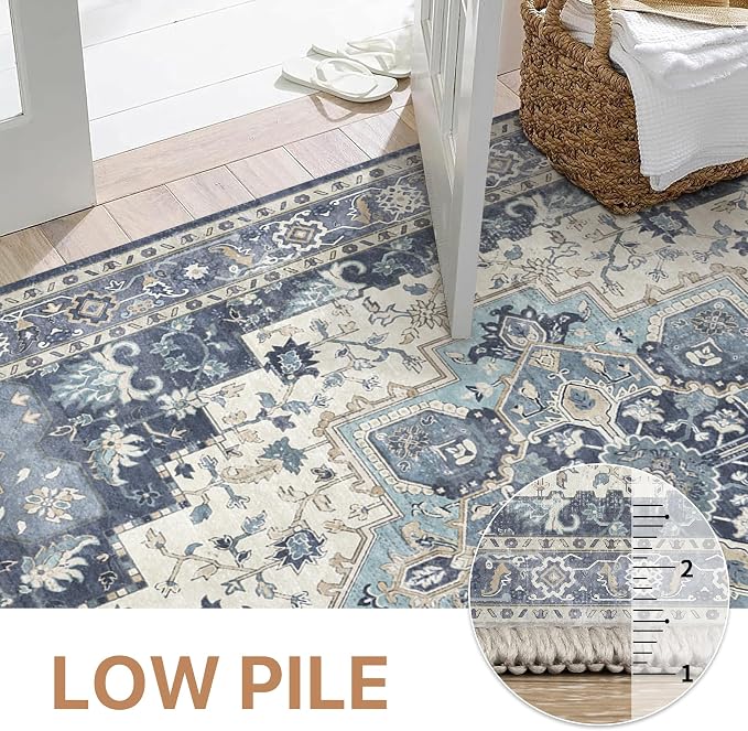 GENIMO 8x10 Area Rugs for Living Room, Machine Washable Non Slip Vintage Rugs, Low Pile Lightweight Print Rug for Bedroom, Dining Room, Home Office, Center Blue