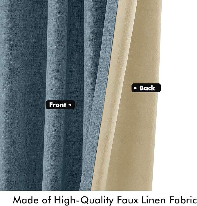 MIULEE 100% Blackout Linen Curtains for Bedroom, Stone Blue Solid Luxury Decor Thermal Insulation Room Darkening Drapes for Living Room Back Tab Rod Pocket 42 x 90 Inches, 2 Panels
