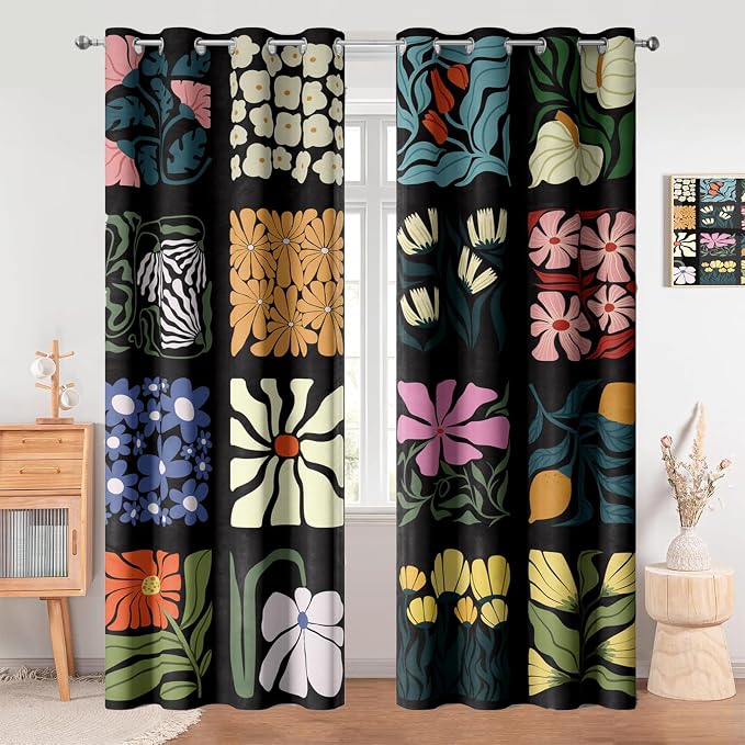 Boho Vintage Floral Blackout Curtains，Retro Colorful Lattice Flower Modern Art Aesthetic Window Drapes，Living Room Bedroom Decor 2 Panels 52x84 Inch
