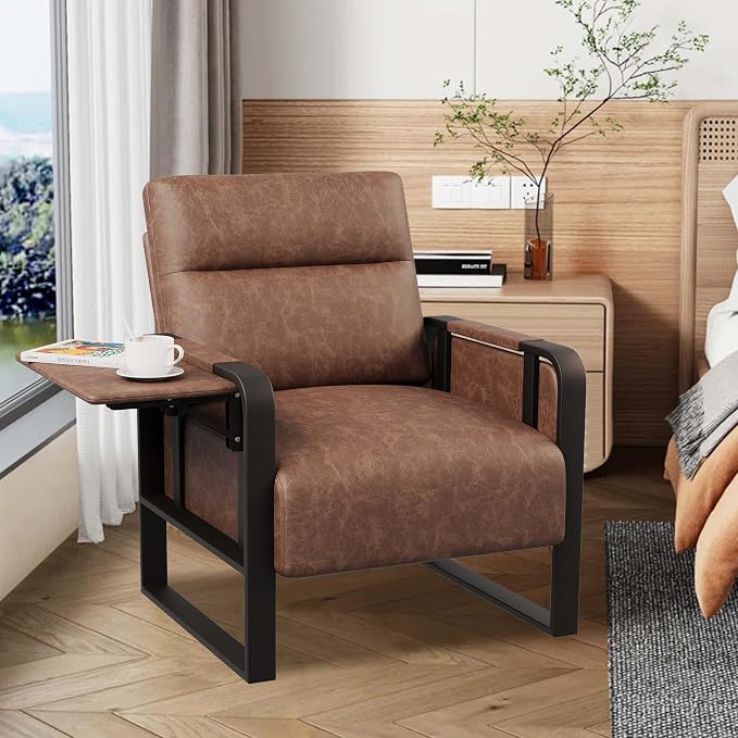 PU Leather Accent Chair with Foldable Table, Modern Upholstered Armchair for Living Room Bedroom Office Side Chairs Dark Brown