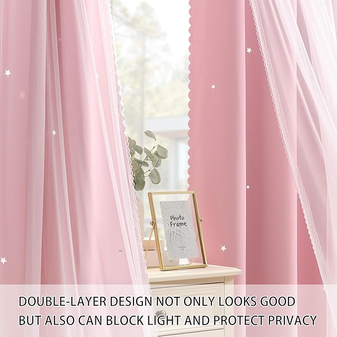 XiDi Pink Blackout Curtains with Sheer Overlay Mix and Match Double Layer 80% Room Darkening Window Treatment Set for Girls Bedroom Living Room Pink Star Drapes with Tiebacks Grommet Top 52" Wx96 Lx2