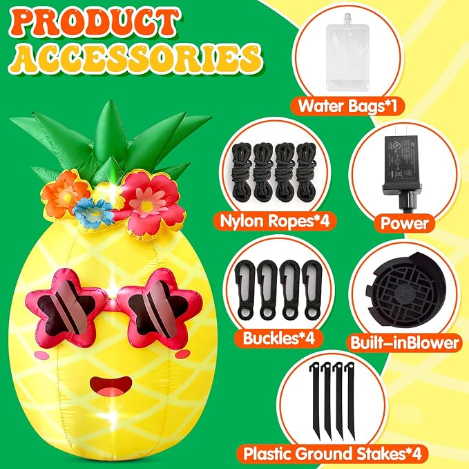 5FT Summer Inflatable Pineapple Outdoor Decor, Blow Up Pineapple Built-in LED Lights, Giant Inflatable Decorations for Tropical Pool Beach Party Photo Backdrop Yard Lawn Hawaiian Luau Party Supplies
