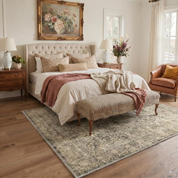 Bavni 2x10 Rug Runners for Hallways, Washable Runner Rug Non Slip,Vintage Floral Print Style Rugs for Bedroom-Lightweight Low Pile Carpet for Hallways Bathroom, Multi Brown