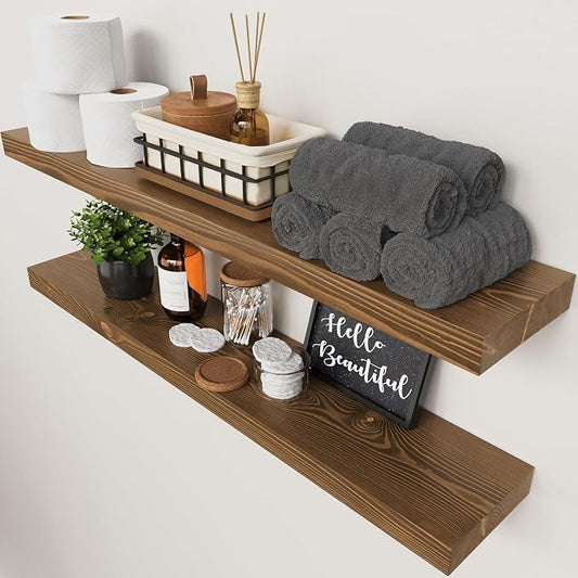 Solid Wood Floating Shelves for Wall 36 Inches Long, Walnut Wooden Shelf | Real Wood, Heavy Duty, Wall Mounted, Bedroom Bathroom Kitchen Living Room Rustic, Walnut Finish, 36W × 6.7D, Set of 2