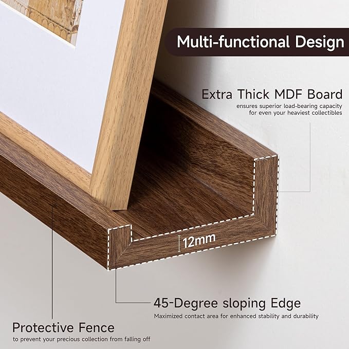 Fun Memories Picture Ledge Shelf for Wall, Floating Shelves Set of 4, 48 Inch Long Nursery Book Shelves for Toys Storage, Kids Bookshelf Wall Mounted for Books Photo Frames, Walnut
