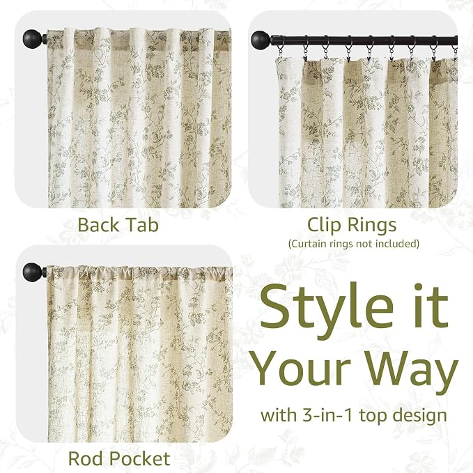 jinchan Green Floral Linen Curtains 63 Inch Farmhouse Back Tab 2 Panels | Green on beige, light filtering, semi sheer, country, rustic, flower, drapes, bedroom, living room, office, home decor