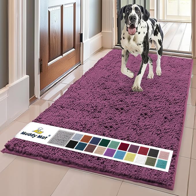 Muddy Mat® | Super Water Absorbent Door Mat Indoor, Microfiber Quick Dry Chenille Entryway Rug, Slip Resistant Front Door Mat, Indoor Mats for Entryway, Machine Washable Pet Rug, Dark Purple 36"x60"