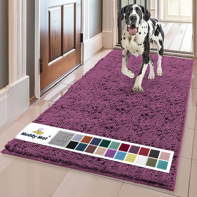 Muddy Mat® | Super Water Absorbent Door Mat Indoor, Microfiber Quick Dry Chenille Entryway Rug,Slip Resistant Front Door Mat,Indoor Mats for Entryway,Machine Washable Pet Rug, Dark Purple 36" x 120"
