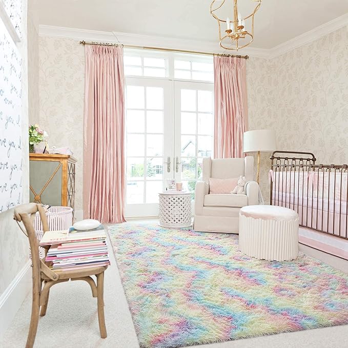 AROGAN Soft Rainbow Area Rugs for Girls Room 3x5 Feet, Fluffy Girls Bedroom Rugs, Princess Rug, Cute Colorful Carpet for Kids Teens Nursery Toddler, Pink