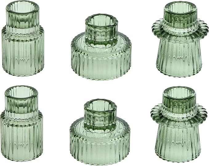 Vixdonos Taper Glass Candlestick Holders Tealight Candle Holders for Table Centerpieces, Wedding Decor and Dinner Party (6 Pcs, Green)