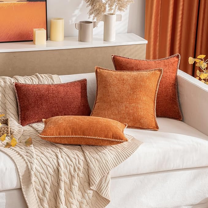 MIULEE Pack of 2 Fall Couch Throw Pillow Covers 20x20 Inch Orange Farmhouse Decorative Pillow Covers with Stitched Edge Soft Chenille Solid Dyed Pillow Covers for Sofa Bed Living Room