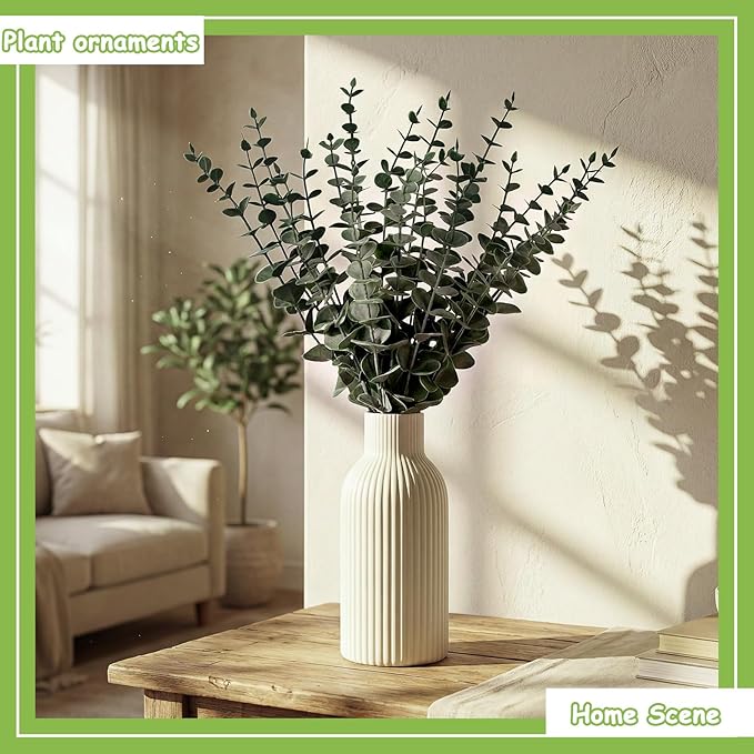 LemonRoad 2 Pack Artificial Eucalyptus Stem in Ceramic Vase 19" Fake Greenery Plants for Home Decor 40 Pcs Modern Indoor Fake Eucalyptus Stem for Table Centerpiece Living Room Bathroom