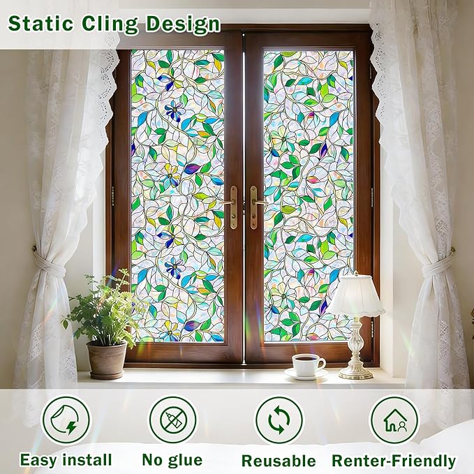 Stained Glass Window Film, Rainbow Privacy, One Way Decorative Tint, Static Cling, Renter Friendly for Home Bathroom Door