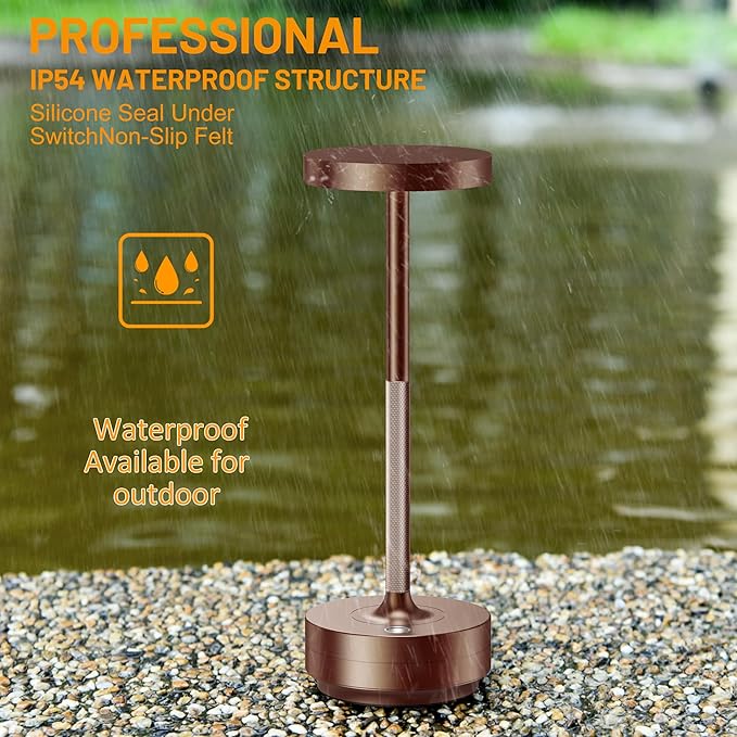 SAKRINGT 2 Pack Rechargeable Cordless Table Lamp - Battery Operated LED Portable Table Light with 3 Color Stepless Dimming, Memory Function - IP54 Waterproof for Outdoor, Restaurant, Patio, Camping
