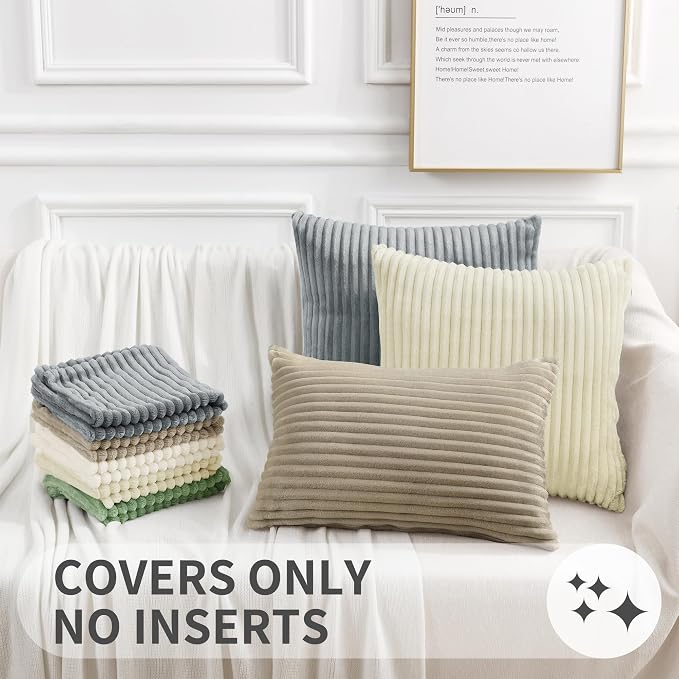 Simmore Decorative Fall Throw Pillow Covers 22x22 Set of 2, Soft Natural Plush Flannel Double-Sided Fluffy Couch Euro Sham Pillow Covers for Sofa Living Room, Beige