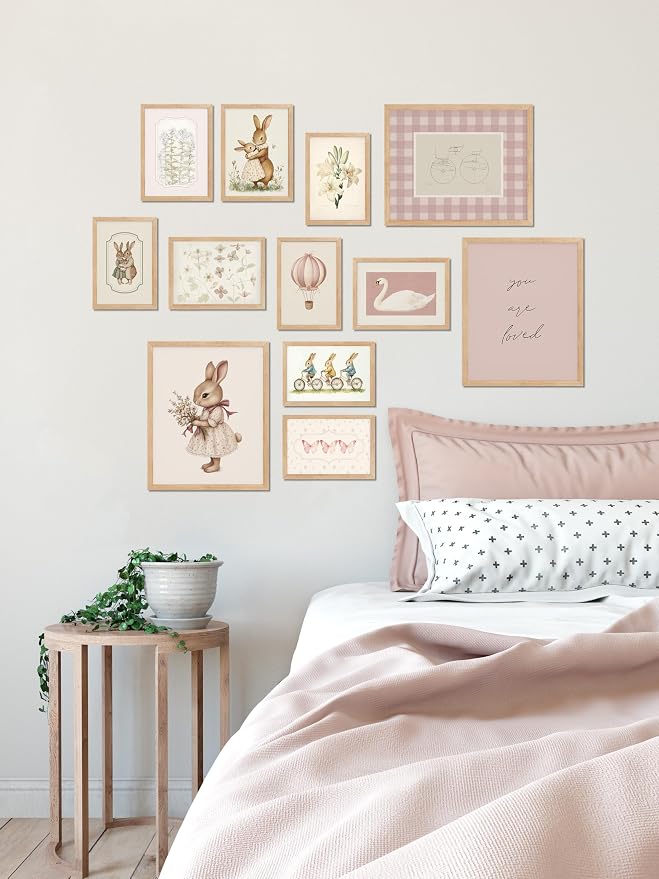 TwoDays Vintage Nursery Decor for Baby Girls, Pink Rabbit Bunny Wall Art for Toddler Kids Playroom, Swan Animals Posters for Bedroom (Multi Sizes, Set of 12, 8 × 10 Largest, UNFRAMED)