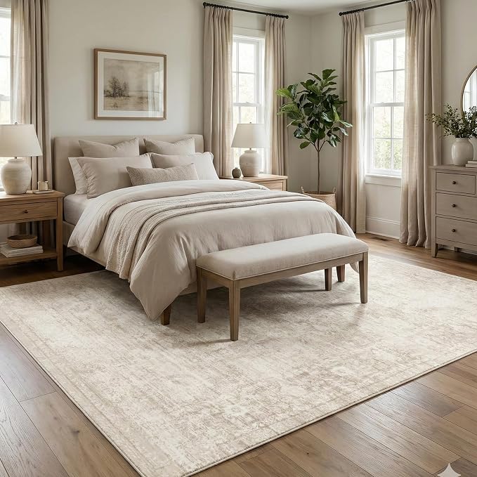 Homemate Washable Rug 6x9 Area Rugs - Vintage Faux Wool Rugs for Living Room Bedroom Dining Room - Non Slip Foldable Carpet Indoor Area Rug for Home Decor（6'x9', Beige