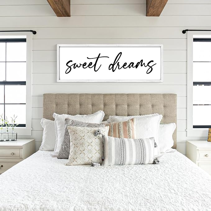 Sweet Dreams Wall Decor Above Bed 42''×15'' Large Bedroom Sign Farmhouse Wood Framed Master Bedroom Guest Room Decoration (White)