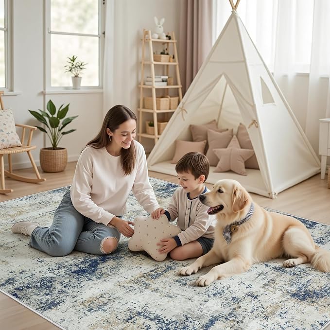 Washable Rug 6x9 Area Rugs: Soft Large Living Room Rug with Anti-Slip Backing Non-Shedding Stain-Resistant Modern Abstract Carpet for Bedroom Dining Room Nursery Home Office Blue Brown