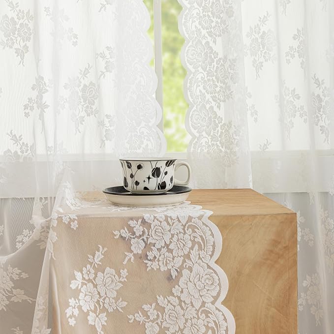 Kotile Extra Long Sheer Lace Curtains, Country Rustic Floral Ivory Lace Curtains 120 Inches Long for Living Room, Rod Pocket Privacy Lace Sheer Curtains, 52 x 120 Inch, 2 Panels, Ivory
