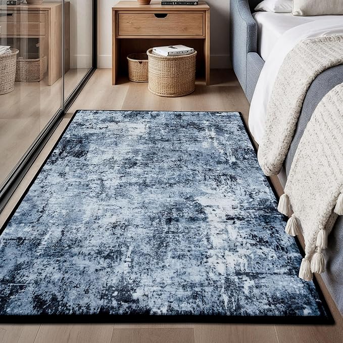 Rugflix 3x6 Entrance Rugs, Entry Rug Washable Non-Slip Stain-Resistant Low Pile Small Modern Dark Carpet, for Living Room Bedroom Indoor, Navy Blue/Black