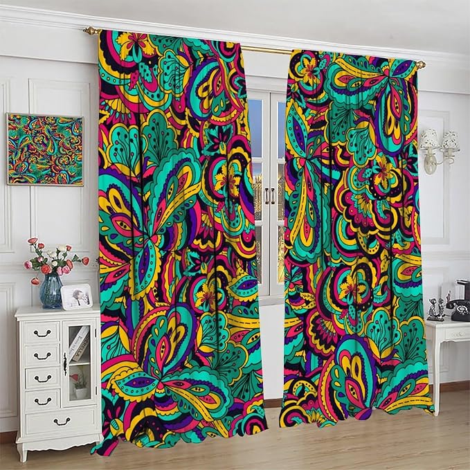Bohemian Dream Curtains, Colorful Paisley Floral Pattern, Blackout and Soundproof Curtains for Bedrooms, Living Rooms, and Kitchens42X63 Inch