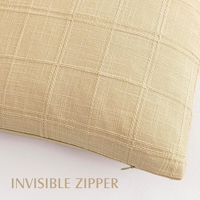 Foindtower Set of 2 Decorative Linen Check Throw Pillow Covers Neutral Farmhouse Vintage Cushion Covers Modern Boho Accent Home Decor for Sofa Chair Couch Bedroom Living Room,20×20 Inch,Light Yellow