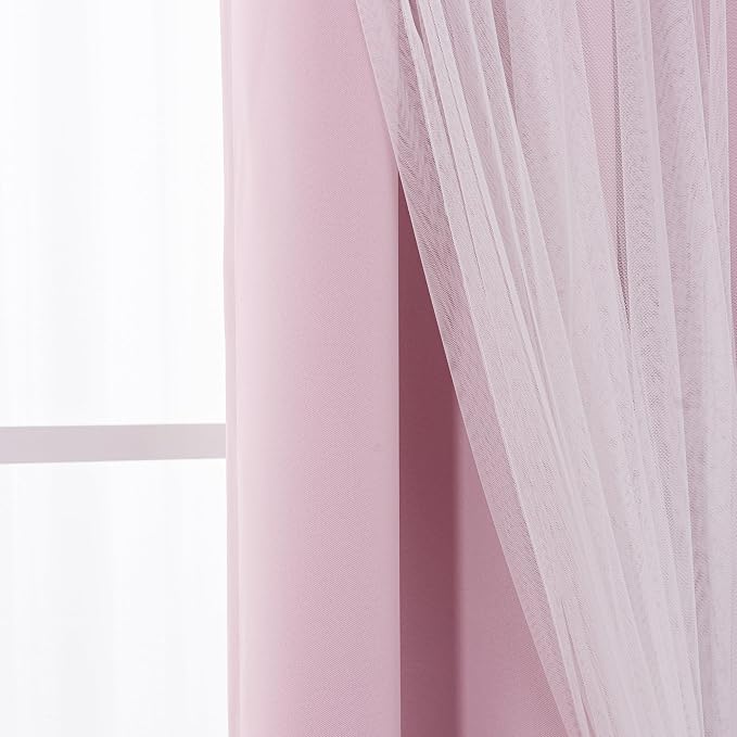 INLINAS Pale Pink Blackout Curtains with Sheer Overlay - Grommet Top Thermal and Noise Reduction Panels for Bedroom and Living Room Light Blocking and Energy Saving, 52 x 96 Inches, Set of 2