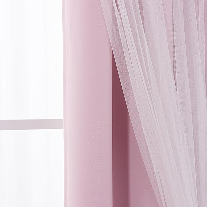 INLINAS Pale Pink Blackout Curtains with Sheer Overlay - Grommet Top Thermal and Noise Reduction Panels for Bedroom and Living Room Light Blocking and Energy Saving, 52 x 63 Inches, Set of 2