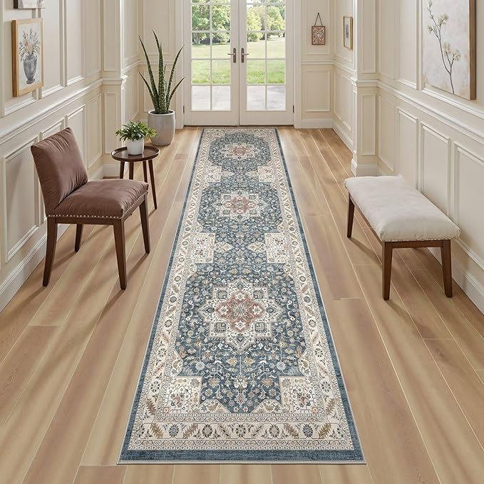 Vintage Hallway Runner Rug 2x6: Large Soft Washable Entryway for Kitchen Laundry Room Non-Slip Backing Runner for Entrance Living Room Bedroom Bathroom - Vintage Blue