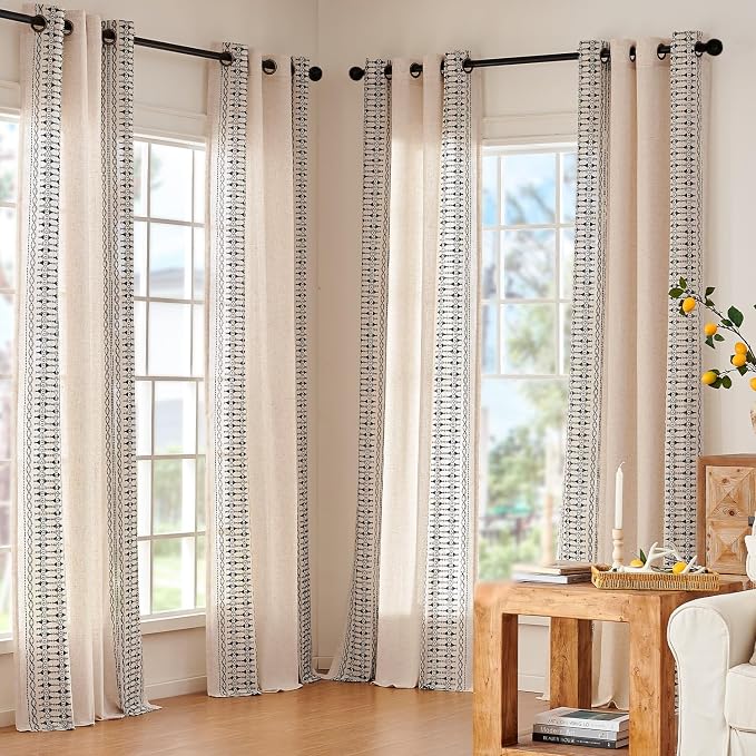 jinchan Boho Curtains Embroidered Linen Blend Window Curtains for Bedroom, Drapes 84 Inch Length 2 Panels Set, Geometry Grommet Bohemian Window Treatments Set for Living Room Black on Beige
