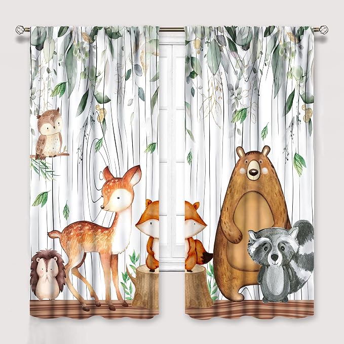 YCness Forest Animal Curtains, Watercolor Wild Animal Bear Fox Deer Kids Window Treatments for Living Room Bedroom,Green Woodland Tree Kids Drapes 2 Panel Sets,42x45 Inch