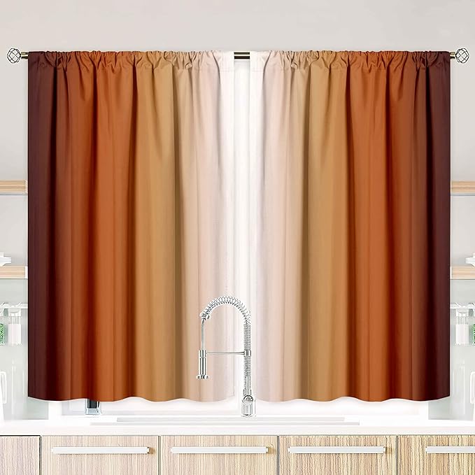 Burnt Orange Kitchen Curtains 2 Panels for Dining Room Abstract Rust Art Painting Curtain 39 inch Length Semi Sheer Rod Pocket Window Treatment Panel for Livingroom,27.5"x39"