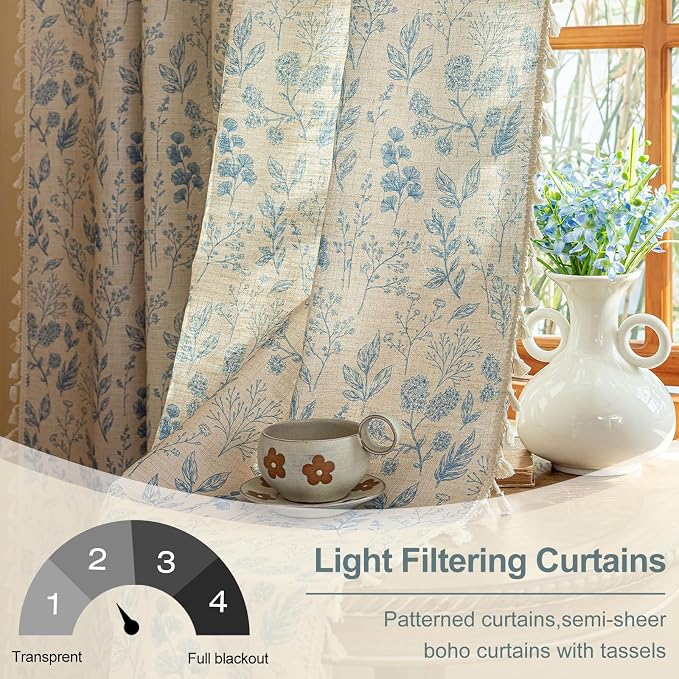 OYX Boho Blue Floral Curtains 63 Inch,Linen Farmhouse Leaf & Flower Drapes with Tassels, Light Filtering Semi Sheer Curtains for Living Room Bedroom, 2 Panels, Rod Pocket, 52Wx63L