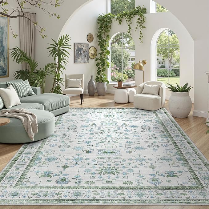 DCX Green 8x10 Rug, Kid & Pet Friendly with Rubber Back Non Slip, Machine Washable Stain Resistant Vintage Boho Floral Rug for Living Room, Bedroom, Soft Low Pile Large Nursery Carpet