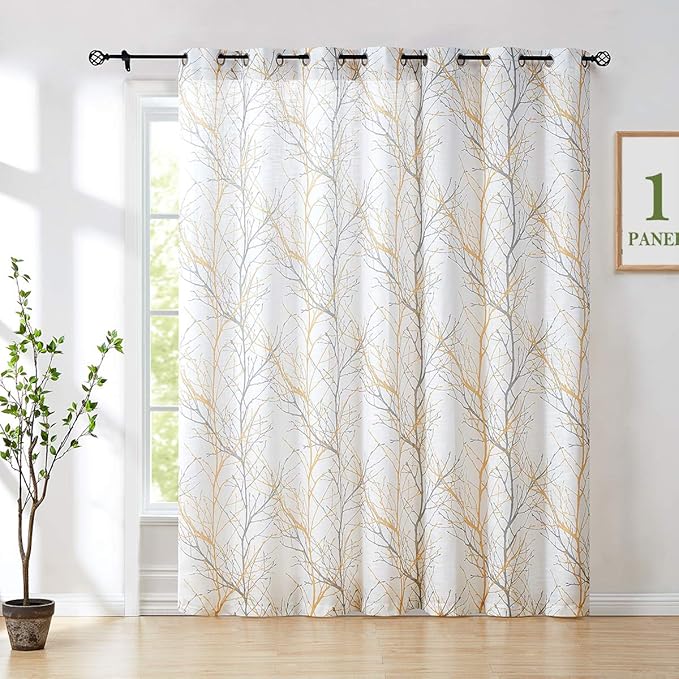 FMFUNCTEX Yellow Grey Tree Curtain for Patio Sliding Door 100 Inch Extra Wide Curtains 96 Inches Long Sliding Door Panel Branch Print Linen Textured Privacy Semi Sheer Curtain Drapes 1 Panel