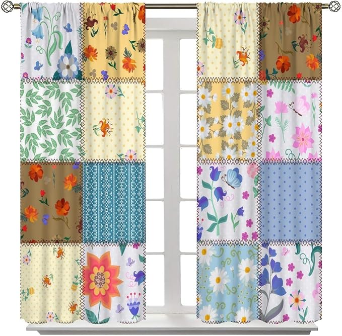 Boho Patchwork Floral Blackout Curtains Boho Vintage Flower Bohemian Colorful Spring Retro Print Window Drapes for Bedroom Living Room Kitchen Cafe （W21xL45 Inch） x2 Panels
