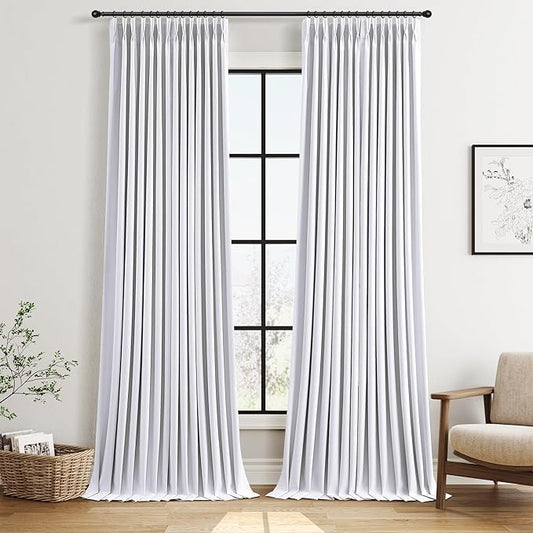 Joywell Pure White Pinch Pleated 100% Blackout Linen Curtains 120 Inches Long Energy Saving Thermal Insulated Long Drapes for Living Room Bedroom Modern Pinch Pleat Curtains for Home Theater 40x120