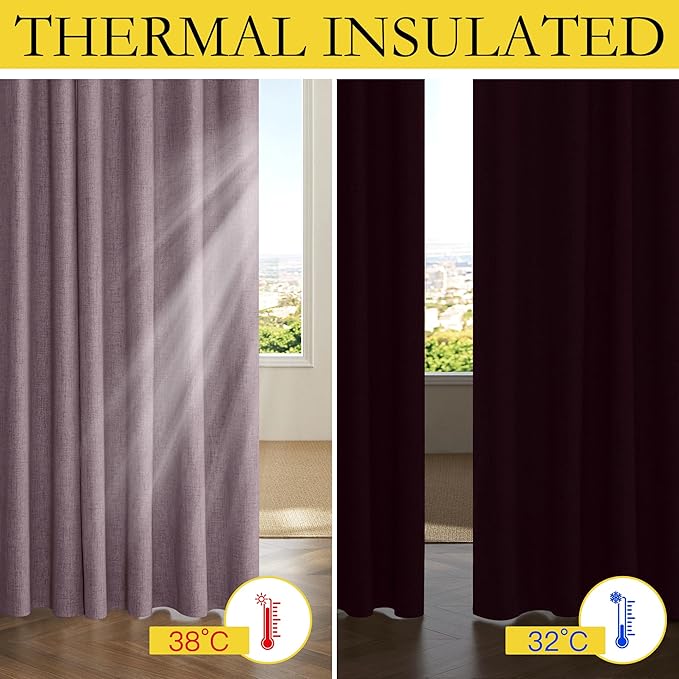 NICETOWN Chaise Mauve Vintage Linen 100% Blackout Curtains for Living Room, 52" Wide Per Panel, Set of 2, Thermal Insulated Curtains 90" Long, Noise Reducing Window Treatment Drapes for Home Cinema
