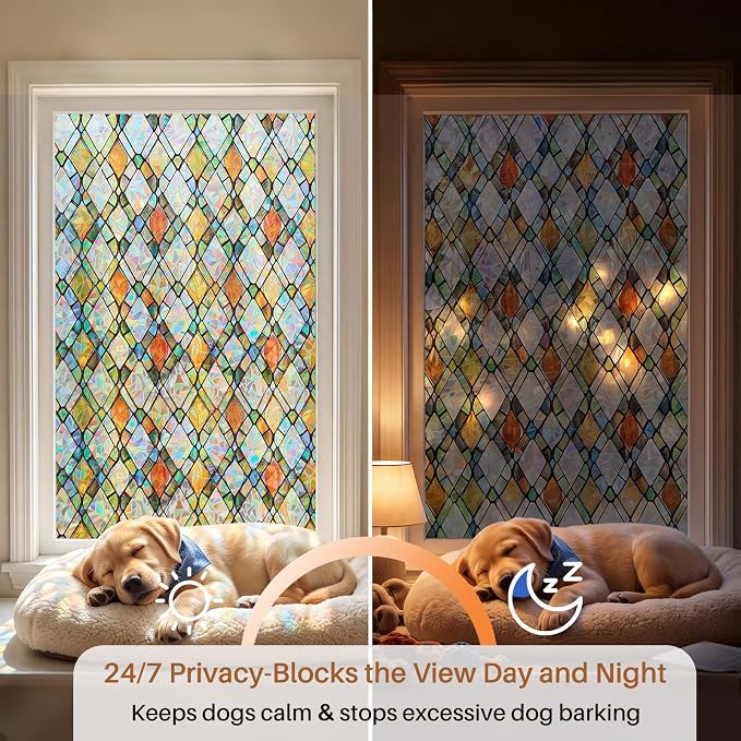 Window Privacy Film, Stained Glass Static Cling Rainbow Stickers 17.5" x 78.7"Decorative Lattice Window Film Removable with Tools, UV Block Heat Control 3D Vinyl Covering Non-Adhesive for Home Door